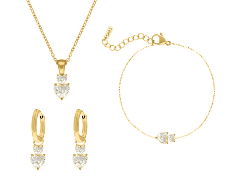 Sieraden set double crystal hearts goudkleurig